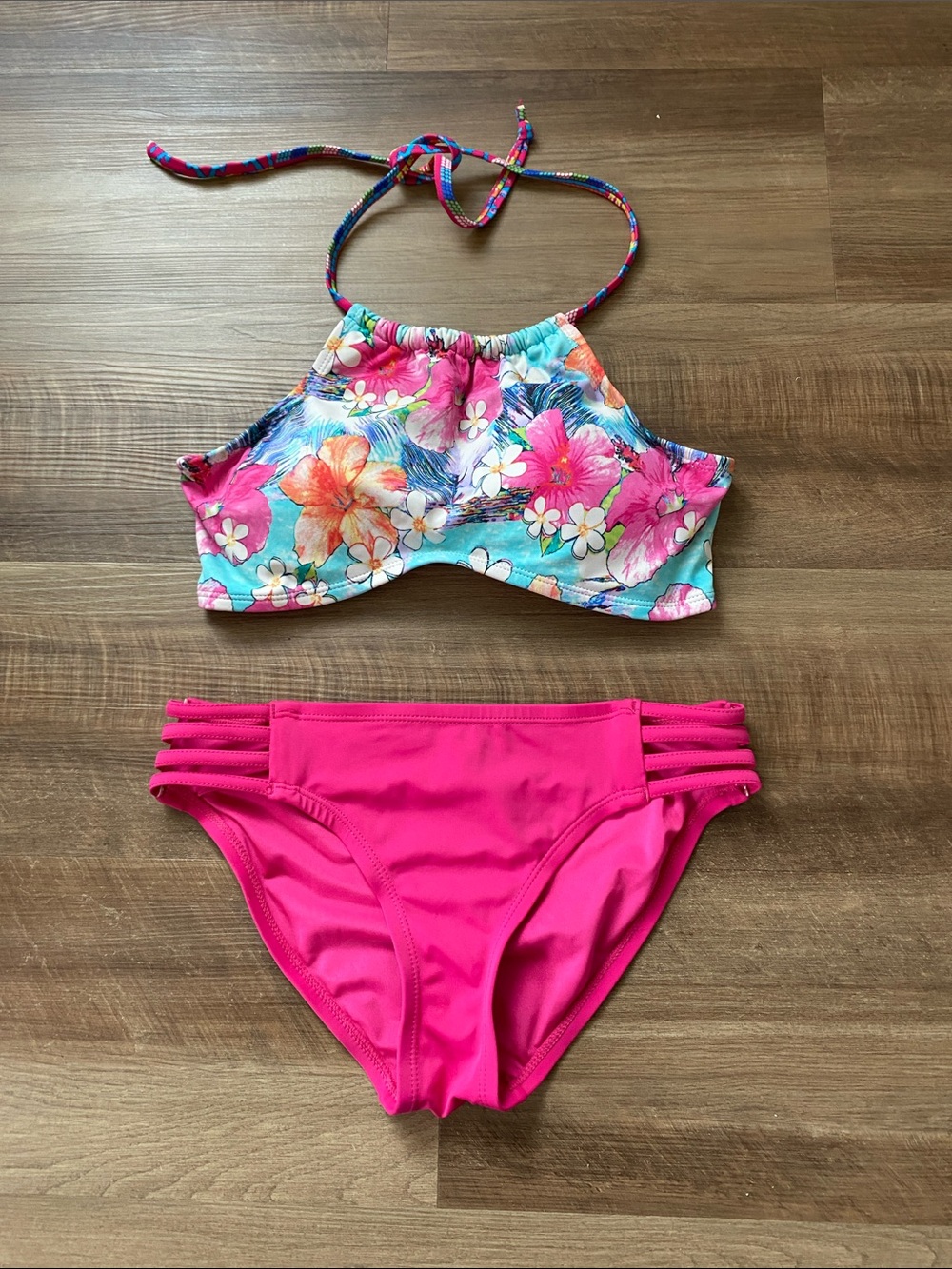 Floral Halter Bikini Set with Hot Pink Bottoms